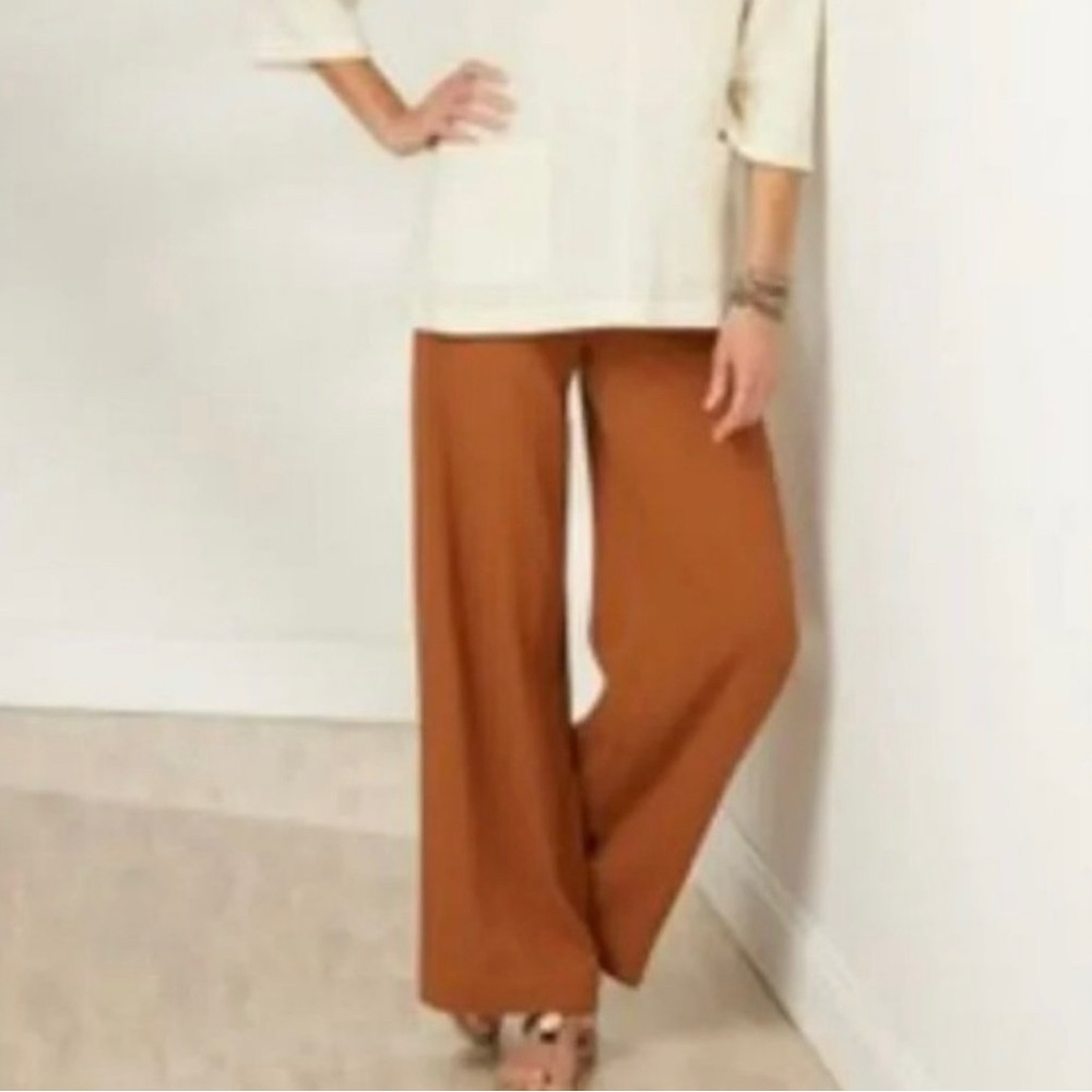 Soft Surroundings Camel Brown 100% Linen Wide Leg Trouser Pants Medium Tall